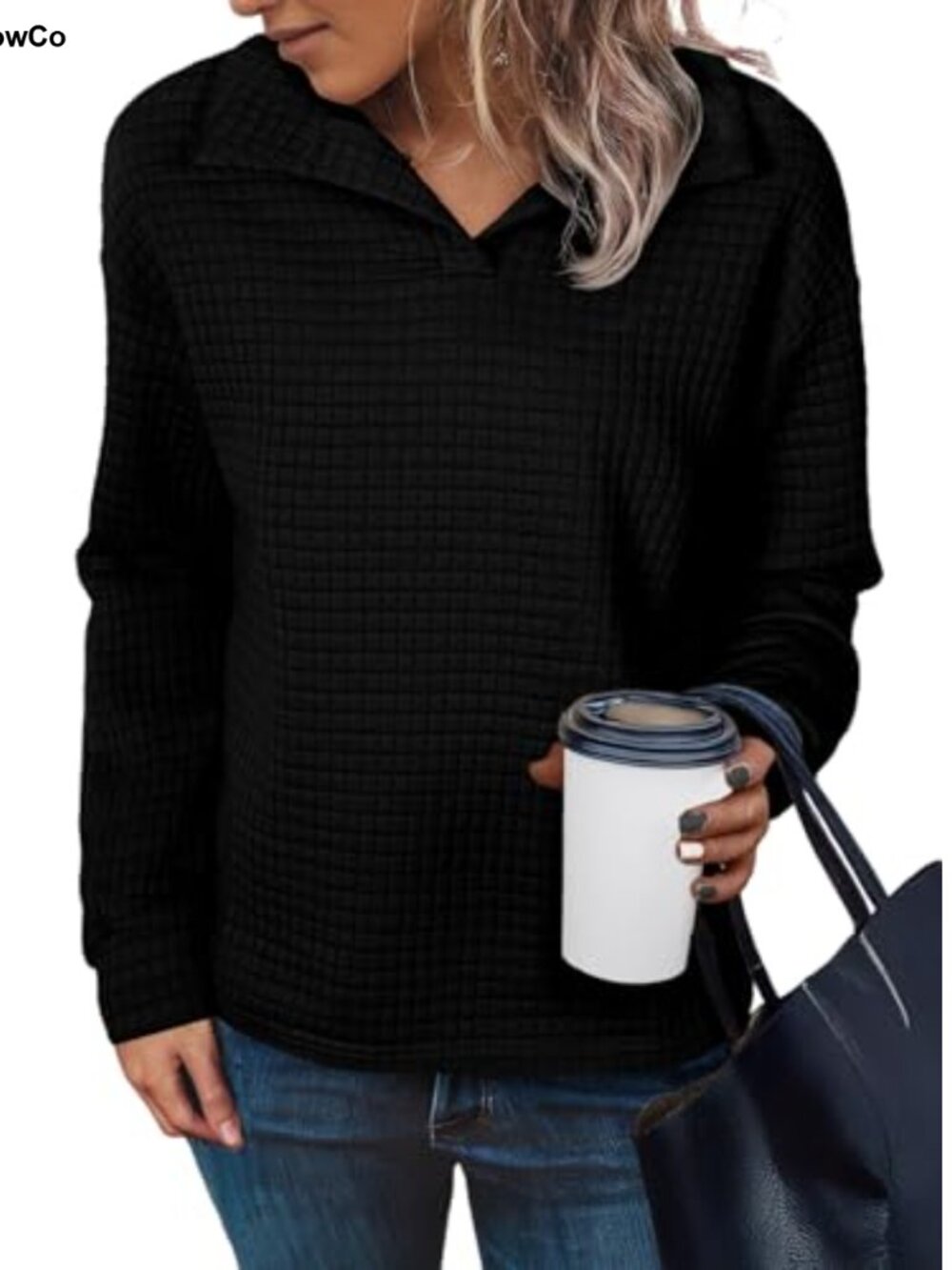 Waffle Knit Pullover Top Long Sleeve Polo Shirt Loose Soft